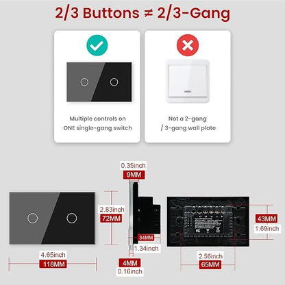 Smart Switch Neutral Wire Optional,APP Control,Black 2 Button | 4.65 X 2.83 X 1.34 Inches,Only 2.4GHz Wi-Fi,Voice Control,Work with Tuya/Smart Life/Alexa,Tempered Glass Panel