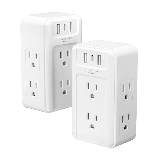 BN-LINK Multi Plug Outlet 2 Pack, 6 Wall Outlet Extender with 3 USB Charging Ports (1 USB C) Total 3.4A, 3-Sided Outlets Splitter Multiple Outlet Wall Plug for Home Office Dorm Room