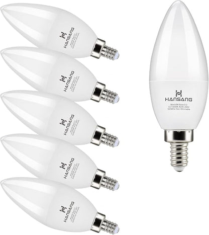 E12 Candelabra LED Light Bulbs 6000K Cool Daylight White, Small Base Type B Light Bulb for Chandelier, 6W 60Watt Equivalent, B11 Ceiling Fan Light Bulbs, 600 Lumen, Non-dimmable, 6 Pack