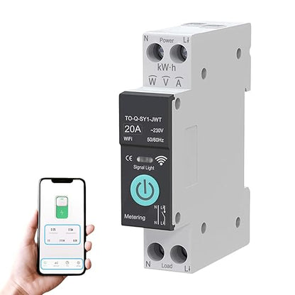 WiFi Circuit Breaker, 1P+N 20A 230V Smart Home Wireless Remote Control Switch Timer Voice Control Energy Monitor Compatible with Smart Life TUYA APP DIN Rail Mounted