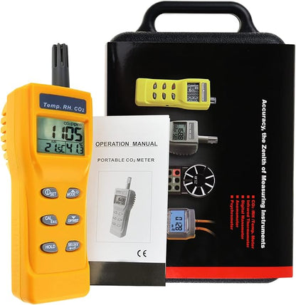 CO2 Meter Handheld CO2 Detector, 0-9999ppm Digital CO2 Monitor Temperature and Humidity Meter Carbon Dioxide Detector with NDIR Sensor Buzzer Alarm and Clibration Function for Home Grow Room