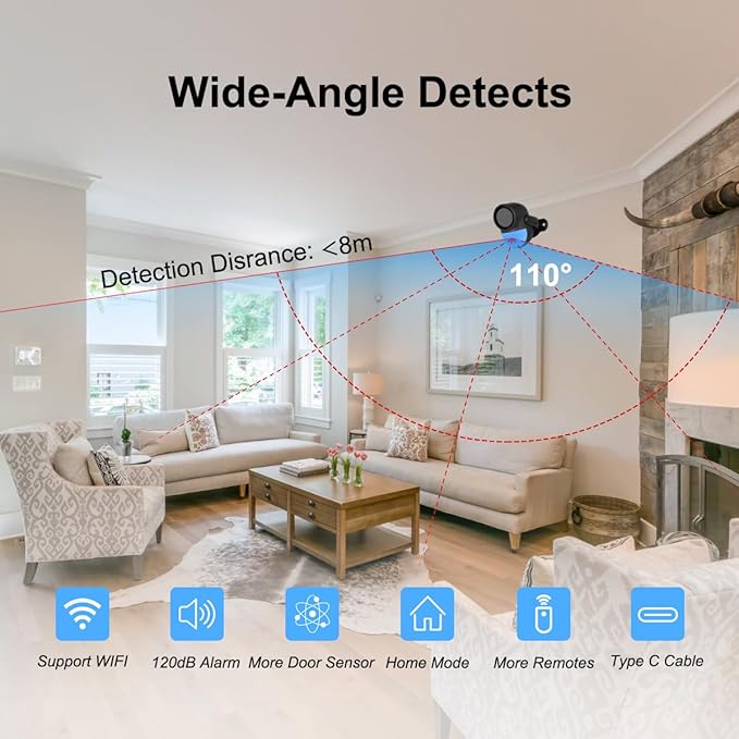 125dB WiFi PIR Motion Sensor Alarm Indoor, with Wireless DIY Smart Door/Window Alarm for Home Security with Phone APP Alert 4 Pieces-Kit, for Driveway, Shed, Home, Van, Shop