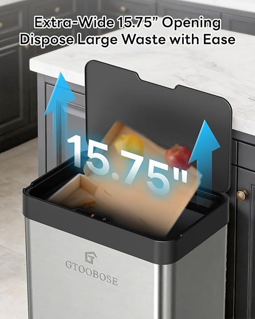 13 Gallon / 50L Touchless Automatic Trash Can, Slim Motion Sensor Kitchen Garbage Can, Stainless Steel, Soft Close Lid, Fingerprint Resistant, Hands-Free, Odor Control, Silver