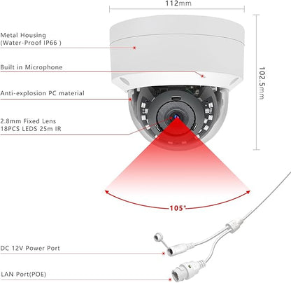 5MP PoE IP Vandal Dome Security Camera Outdoor, IP Network PoE Camera with 2.8mm Lens, 105° Wide Angle, H.265, Built-in Mic, IP66 Waterproof, 80ft IR Night Vision, Human Motion Detection