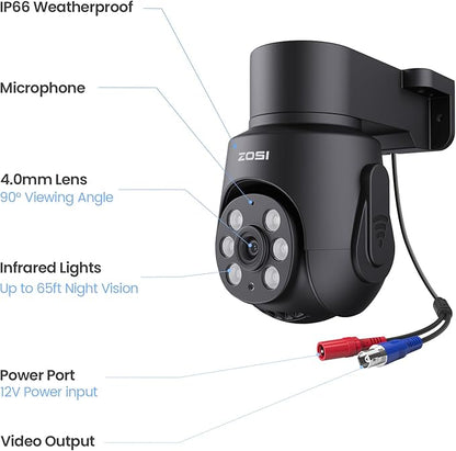 ZOSI 4 x 1080p HD-TVI Surveillance Camera Outdoor Indoor, 360° Pan Tilt 2MP Wired Security Weatherproof CCTV Dome Camera with Audio Recording, IR Night Vision, Only Work with Our DVR