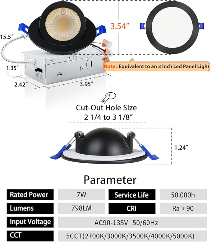 Adetu 3 Inch Gimbal Black Led Recessed Lighting, 360°+90° Adjustable Directional Led Recessed Lights, 2700K/3000K/3500K/4000K/5000K Dimmable Retrofit Eyeball Can Lights with Jbox,ETL (Black, 1 Pack)