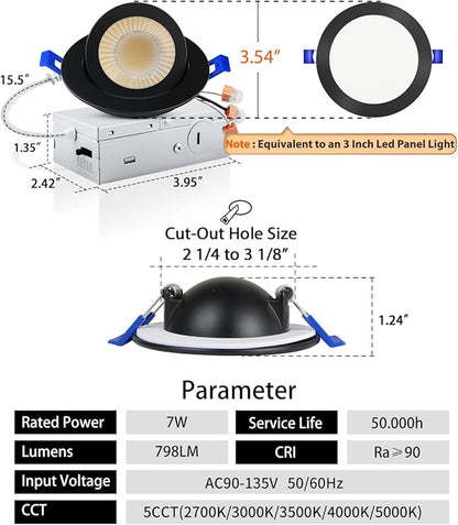 Adetu 3 Inch Gimbal Black Led Recessed Lighting, 360°+90° Adjustable Directional Led Recessed Lights, 2700K/3000K/3500K/4000K/5000K Dimmable Retrofit Eyeball Can Lights with Jbox,ETL (Black, 1 Pack)