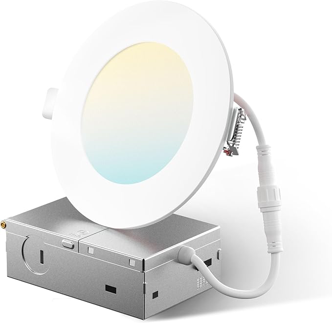Amico 1 Pack 4 Inch Fire Rated LED Recessed Light with Junction Box, 2 Hour Fire Rating, 5CCT Selectable Ultra-Thin Ceiling Light, 900LM, Dimmable Canless Wafer Downlight, ETL & FCC, No Tenmat Needed
