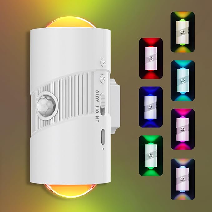 Rechargeable RGB Motion Sensor Night Light, Color Changing LED Night Light with Stick-on Magnet, 4-Level Adjustable Brightness, Nightlights for Bedroom, Bathroom, Hallway, Stairs, Closet, 1-Pack