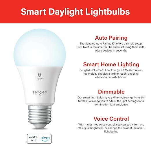 Sengled Smart Light Bulb, Bluetooth Mesh Smart Bulb That Works with Alexa Only, Dimmable LED Blub, 800LM, Day White 5000K, 8.7W (60W Equivalent), 1 Pack – A Certified for Humans Device