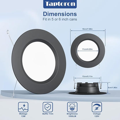 Recessed Lighting 5/6 Inch Color Changing LED Black Can Lights for Ceiling 13W 1050LM Retrofit Recessed Lights with Baffle Trim RGBCW Downlight Dimmable by Remote Control, Memory, Delayed Off, 1 Pack