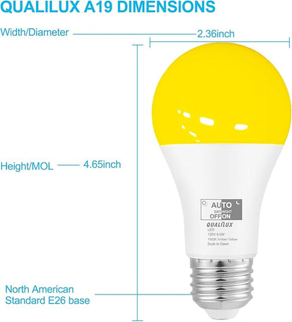 Qualilux Dusk to Dawn Bug Light Bulbs Outdoor, 1900K Amber Yellow, 600 Lumen, LED 9.5W, A19 E26, 4-Pack, HQ-H018