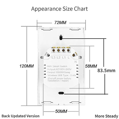 2.4GHz WiFi Smart Wall Touch Light Switch (Glass Panel, Alexa Multi-Control Compatible, Compatible with Multiple Platforms) (Wall Switch 3 Gang)