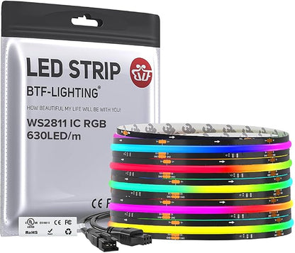 BTF-LIGHTING 16.4FT WS2811 Smart IC RGB DC24V FCOB COB LED Strip Light | UL Listed 630LEDs/m High Density Color Chasing Light 10mm Width Black PCB for Home DIY Lighting(No Adapter or Controller)