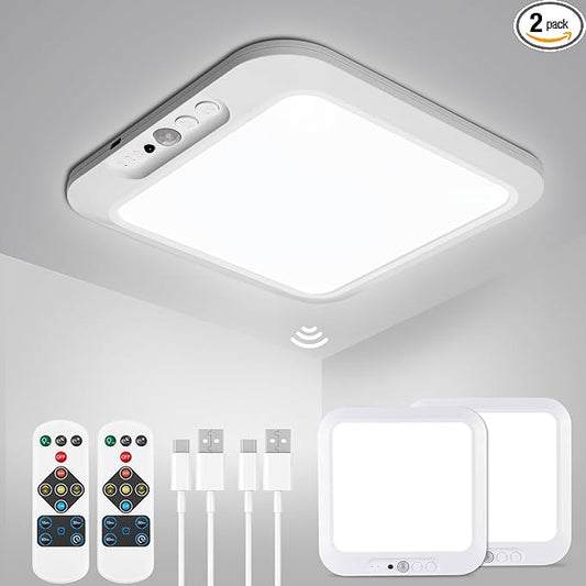wowatt 2Pcs Rechargeable Battery Operated Ceiling Light, Motion Sensor Light Indoor Wireless Shower Lamp with Remote 3000K 4500K 6500K Dimmable Timing for Closet, Shower, Hallway, Patio