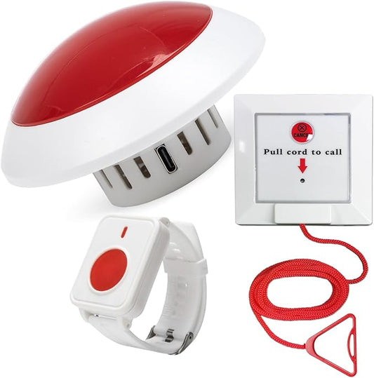 Disabled Person Toilet Alarm with Pull Cord & Waterproof Wrist SOS Buttons, Long Range Medical Alert System for Elderly, Nurse Call Alert for Home Care & Hospital Use