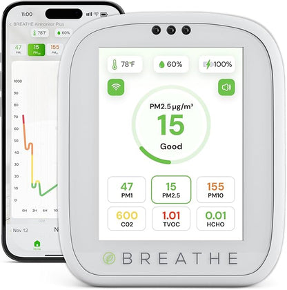 BREATHE Airmonitor Plus Indoor Air Quality Monitor – Smart CO2, PM1 PM2.5 PM10, VOC & Formaldehyde Sensor | Professional-Grade Air Monitor with App