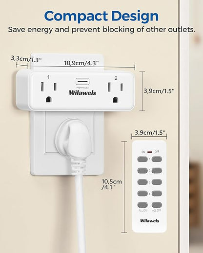 Remote Control Outlet with 4 Independent Control Sockets, WILAWELS Wireless Remote Light Switch for Christmas Tree Lights, String Lights, 15A/1875W/125V, FCC Certified, One Remote for 4 Plugs