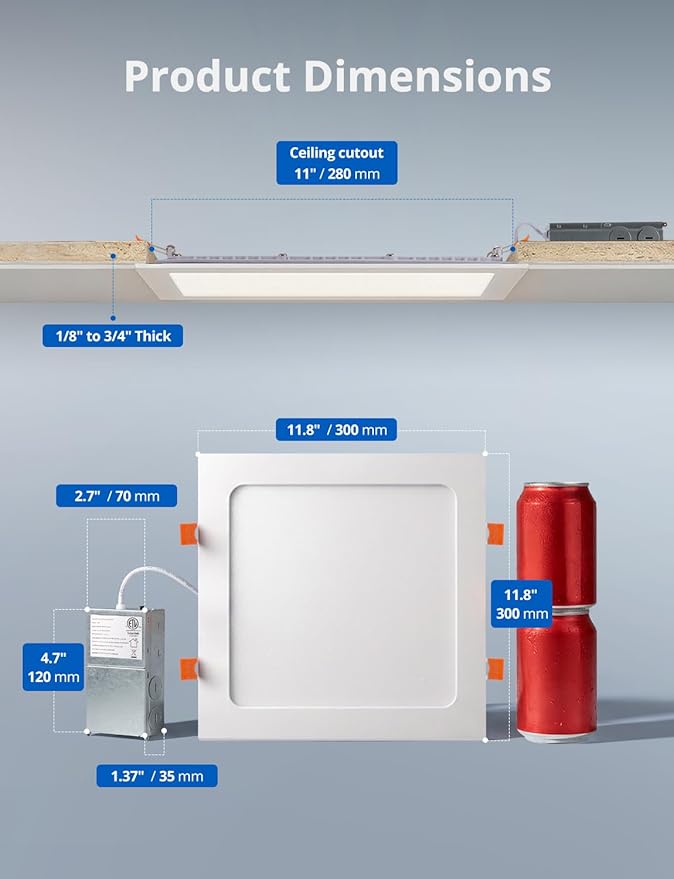 11 Inch Square LED Recessed Ceiling Light 5CCT for Kitchen Retrofit, Ultra Thin Canless Wafer Downlight Damp Rated for Bathroom, 24W Dimmable 1920LM for Living Room ETL FCC
