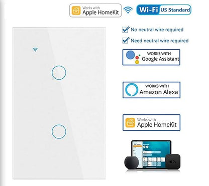 Smart Light Switch, Wi-Fi Enabled, White Glass Panel, Compatible with Apple HomeKit, Google Assistant, Alexa, No Neutral Wire Required, Touch Control (Wall Switch 2 Gang)