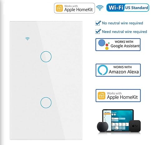 Smart Light Switch, Wi-Fi Enabled, White Glass Panel, Compatible with Apple HomeKit, Google Assistant, Alexa, No Neutral Wire Required, Touch Control (Wall Switch 2 Gang)