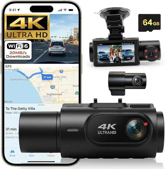 3 Channel Dash Cam 4K+2K+2K, 170° Ultra Wide Angle Triple Car Camera, Pro Night Vision, 5GHz High-Speed WiFi (2.4X Faster), GPS, G-Sensor, 24H Parking Mode, 64GB Card Included JMKANGMA