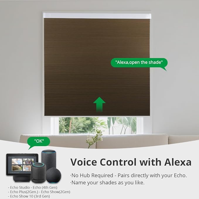 Motorized Cellular Shades with Remote Blackout Honeycomb Smart Blinds Options for Indoor Windows, Remote/Alexa/Matter Compatible, Easy DIY Installation (Brown)