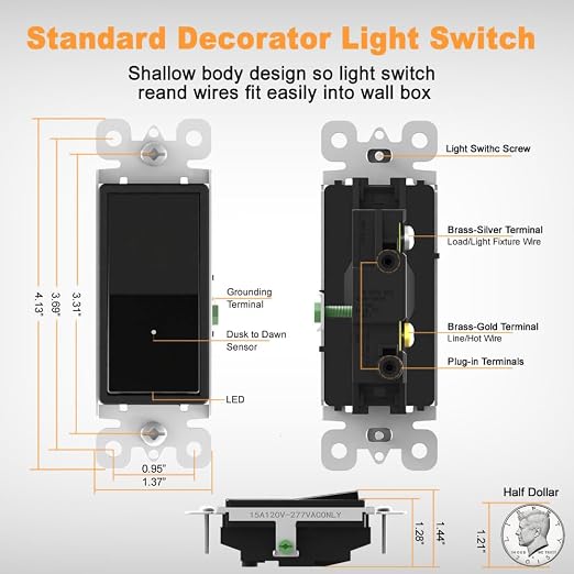 10 Pack SOZULAMP Light Switch with LED Night Light 15Amp 120/277Volt Rocker Single Pole Wall Switch, Automatic On/Off Sensor-Black