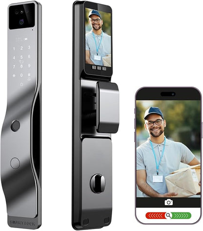 Smart Door Lock with Camera, 3D Face Recognition, Biometric Palm Vein Keyless Entry Deadbolt, Video Doorbell Intercom, Fingerprint, Passcode, Card, Touchscreen Keypad, Tuya App, Alexa, Front Door Home