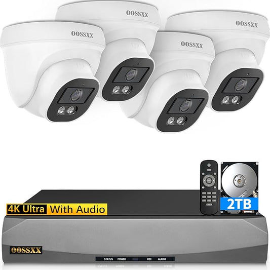 (2026 Update) 4K PoE Security Camera System, 4 Wired Dome Cameras Outdoor Indoor, 130° Wide Angle, 8CH NVR with 2TB HDD, Built-in Mic, Free App Remote Access, No Monthly Fee, 60 Days Recording