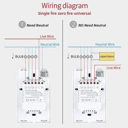 Smart Light Switch, Wi-Fi Enabled, White Glass Panel, Compatible with Apple HomeKit, Google Assistant, Alexa, No Neutral Wire Required, Touch Control (Wall Switch 2 Gang)
