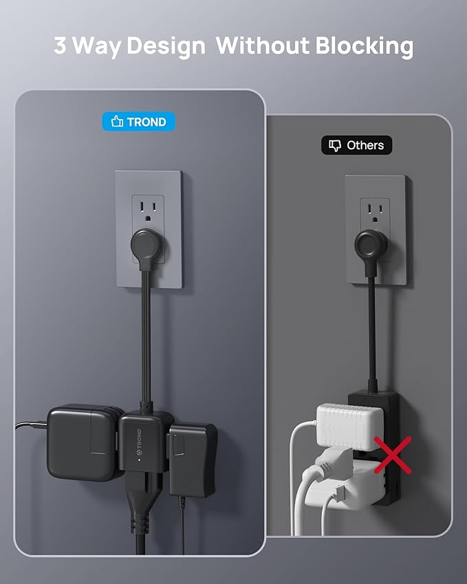 TROND Flat Outlet Extender with 6 Inch Cord - ETL Listed Multi Plug Extension Outlet Splitter, Electrical 3 Way Plug Adapter Wall Extender for Home Office Cruise Ship Travel Essentials, Black