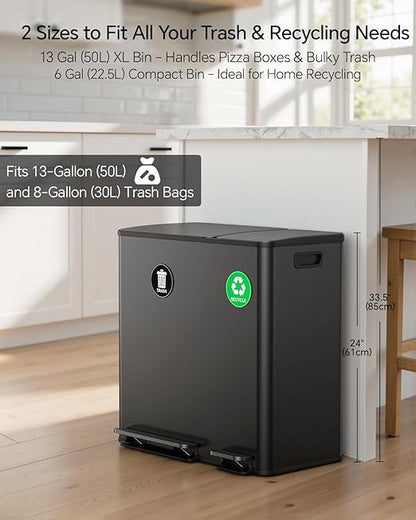 Lovewind Dual Trash and Recycling Bins for Kitchen, 13+6 Gallon Stainless Steel Garbage and Recycle Bin Combo for Large Families, Dual Trash Can with Soft Close Lid & Magnetic Stickers, Black