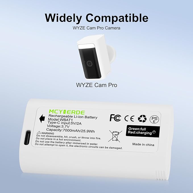 2-Pack WBAT1 Replacement Battery, Upgraded 7000mAh USB-C Removable Battery Pack for WYZE Cam Pro 2K Camera