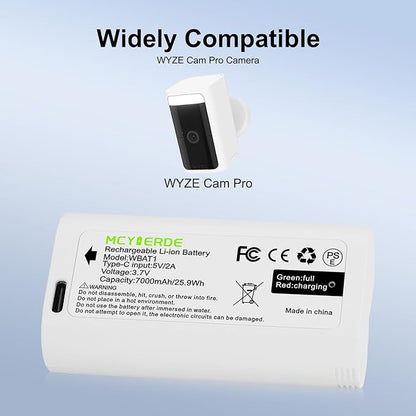 2-Pack WBAT1 Replacement Battery, Upgraded 7000mAh USB-C Removable Battery Pack for WYZE Cam Pro 2K Camera