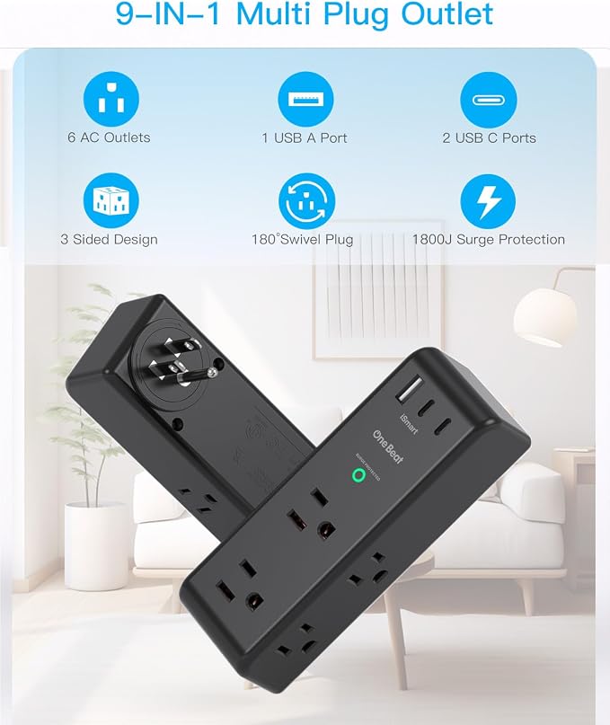 Surge Protector Outlet Extender, Multi Plug Wall Outlet,Rotating Plug,Black