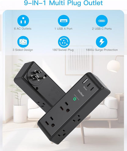 Surge Protector Outlet Extender, Multi Plug Wall Outlet,Rotating Plug,Black