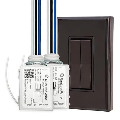 RunLessWire Fan & Light Battery-Free DIY Wireless Light Switch Kit 150ftRF Range Kinetic for Bathrooms & Ceiling Fans: 1 Dual Remote Switch Controls 2 5A On/Off Receivers Separately Brown