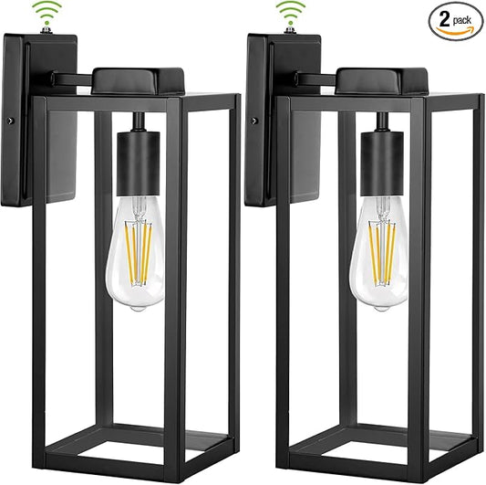 hykolity Large Outdoor Wall Light, 16 Inch Lantern, Dusk to Dawn Exterior Waterproof Sconce, Anti-Rust Mounted Lighting with Glass Shade, Matte Black Lamp with E26 Socket for Porch, 2 Pack
