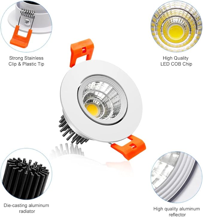 2Inch LED Recessed Ceiling Light, 3W Dimmable LED Downlight, 60 Beam Angle COB Recessed Lights with Driver, Daylight White 5000K-5500K, 25W Halogen Bulbs Equivalent for Ceiling Lighting, White 1 Pack