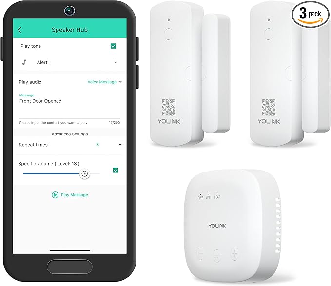 YoLink LoRa Smart Door Sensor Starter Kit: SpeakerHub Audio Hub & 2 Door Sensors - Up to 1/4 Mile Range, Door Left-Open Reminders, up to 5 Year Batteries, Alexa, IFTTT, Home Assistant