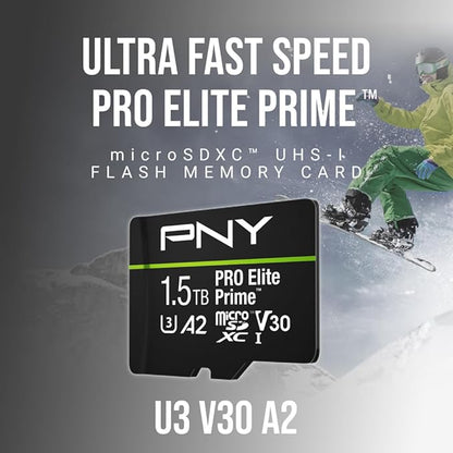 PNY 1.5TB PRO Elite Prime™ C10 U3 V30 A2 microSDXC Flash Memory Card – Ultra-Fast Speeds, Read 200MB/s, Write 150MB/s, 4K UHD, Full HD, UHS-I, for Smartphones, Drones, Action Cameras