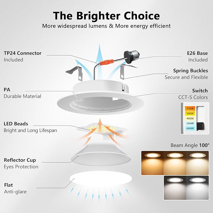 LVWIT 4 Inch LED Recessed Light, Recessed Can Lights Color Selectable 2700/3000/4000/5000/6000K 5CCT, 7W 700LM, Dimmable Led Can Lights with E26 Conversion Kit,Suitable for 4inch Can,24 Pack