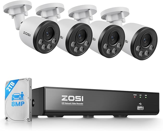 ZOSI 4K PoE Security Camera System, 4pcs 8MP Indoor Outdoor Wired Cameras with Audio, Smart Person Vehicle Detection, People Counting, Night Vision, 8CH CCTV NVR with 2TB HDD for Home 24/7 Recording