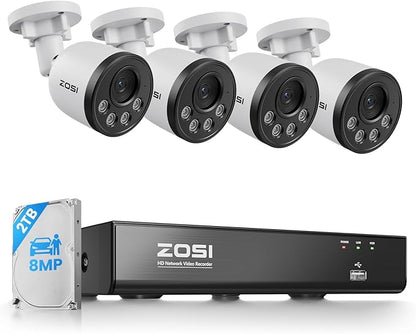 ZOSI 4K PoE Security Camera System, 4pcs 8MP Indoor Outdoor Wired Cameras with Audio, Smart Person Vehicle Detection, People Counting, Night Vision, 8CH CCTV NVR with 2TB HDD for Home 24/7 Recording
