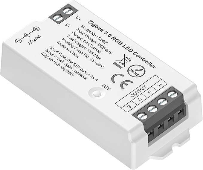 BTF-LIGHTING Tuya Zigbee 3.0 C03Z LED Controller Support RGB 4 pin (+V R G B) PWM FCOB COB SMD Light Strip Compatible with Echo Plus/4th Gen Philip Gateway DC5V/DC12V/DC24V Max 15A