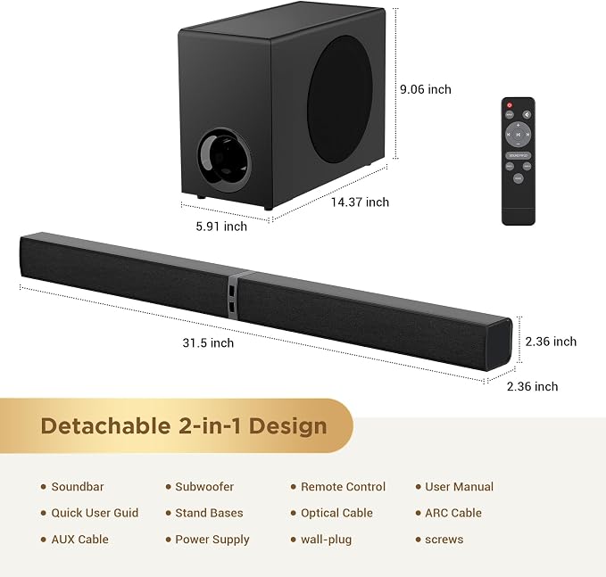 Sound Bar with Subwoofer,120W Sound Bar Bluetooth 5.3 Soundbar Surround Sound System, Detachable Home Theater Speaker with ARC/Optical/AUX Connection, Remote Control for TV/PC/Projector