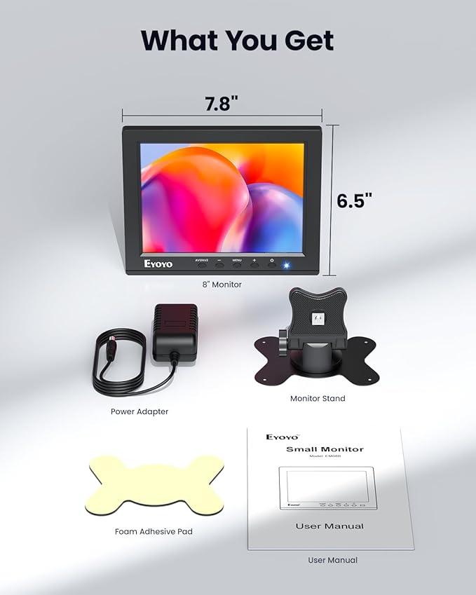 Eyoyo 8" Security Camera Monitor, 1024×768 4:3 Mini LCD Screen CCTV Monitors Display with HDMI VGA BNC AV USB, Small Video Monitor for PC, NVR, Raspbery Pi, RV & Kitchen, Built-in Speakers