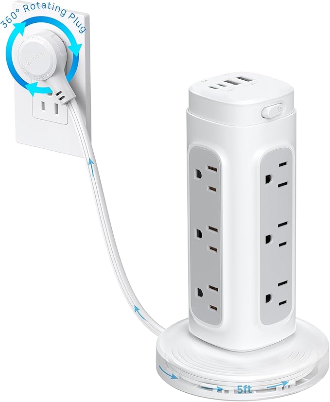 TROND Rotating Plug Power Strip Tower PD 20W - 5ft Retractable Extension Cord Surge Protector, 12 Outlets, 4 USB, 1700J Protection, Space Saving Home Office Desk Supplies, Dorm Room Essentials