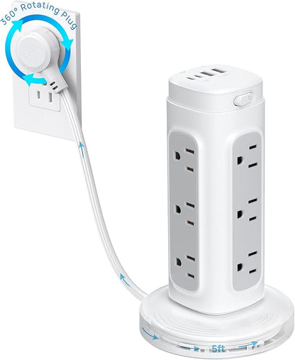 TROND Rotating Plug Power Strip Tower PD 20W - 5ft Retractable Extension Cord Surge Protector, 12 Outlets, 4 USB, 1700J Protection, Space Saving Home Office Desk Supplies, Dorm Room Essentials